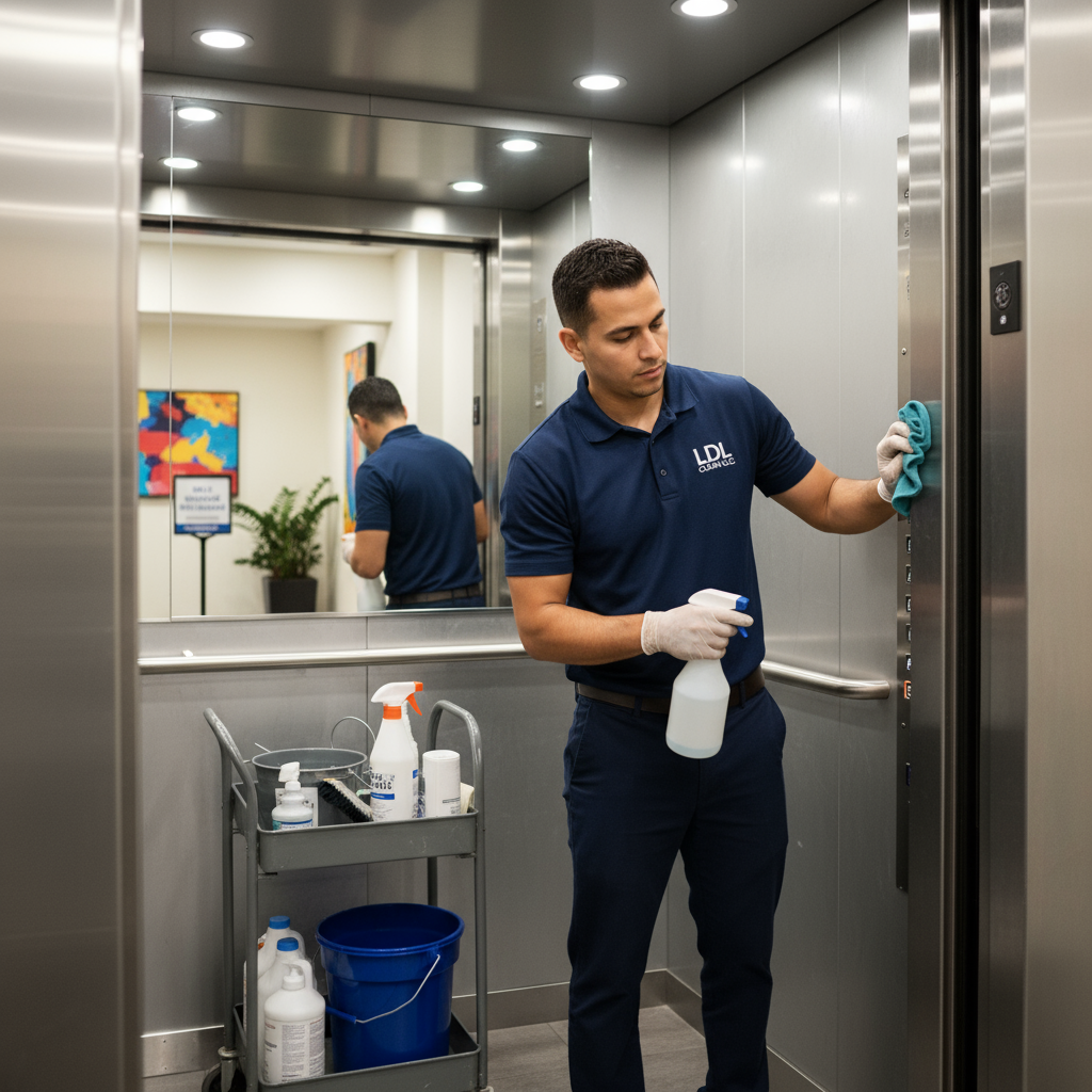 LDL CLEAN LLC porter services apartment elevator cleaning Massachusetts New Hampshire - branded professional porter in LDL CLEAN uniform wiping down elevator walls and buttons, residential building daily maintenance service {{brizy_dc_image_alt imageSrc=