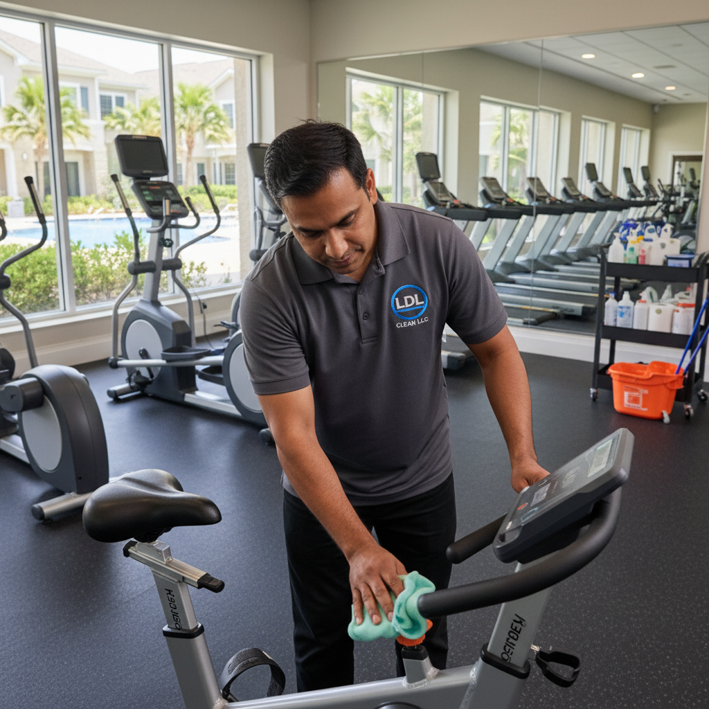 LDL CLEAN LLC porter services apartment fitness center gym cleaning Massachusetts New Hampshire - branded professional porter in LDL CLEAN uniform wiping down exercise equipment, residential amenity maintenance service {{brizy_dc_image_alt imageSrc=