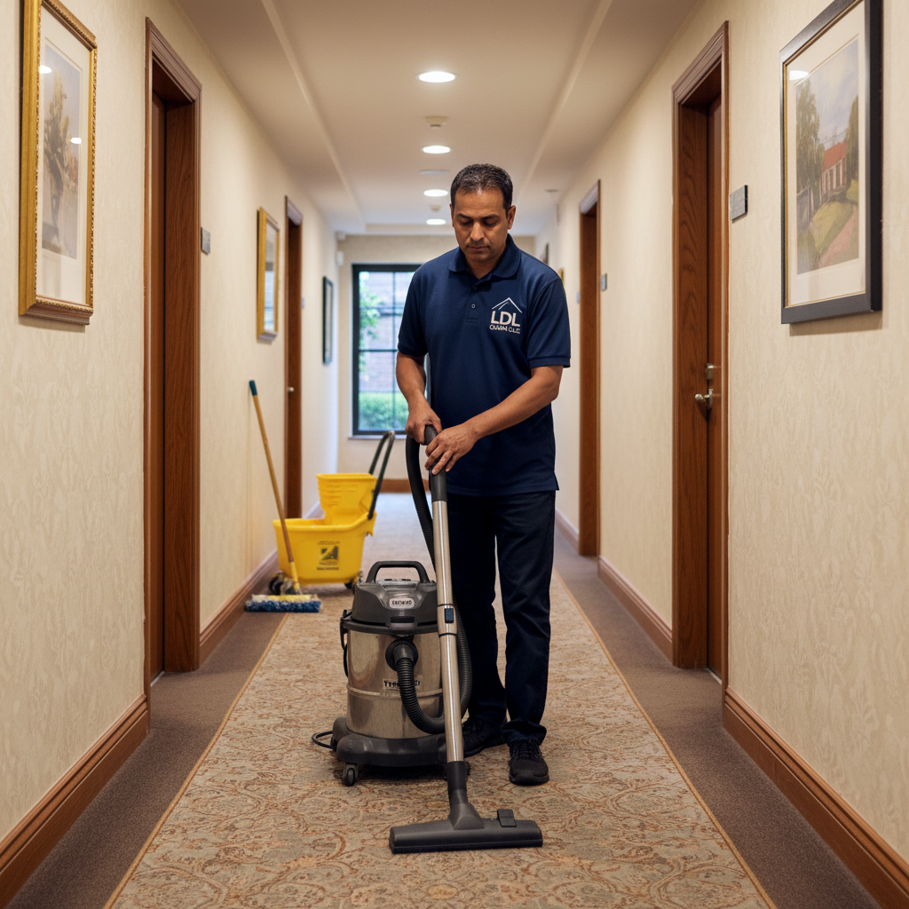 LDL CLEAN LLC porter services apartment hallway vacuuming Massachusetts New Hampshire - branded professional porter in LDL CLEAN uniform using Team Pro commercial vacuum in residential corridor, common area carpet cleaning {{brizy_dc_image_alt imageSrc=