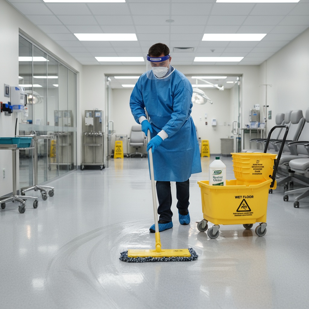 Healthcare facility cleaning Massachusetts - LDL Clean CHEST certified team member in PPE disinfecting medical office {{brizy_dc_image_alt imageSrc=